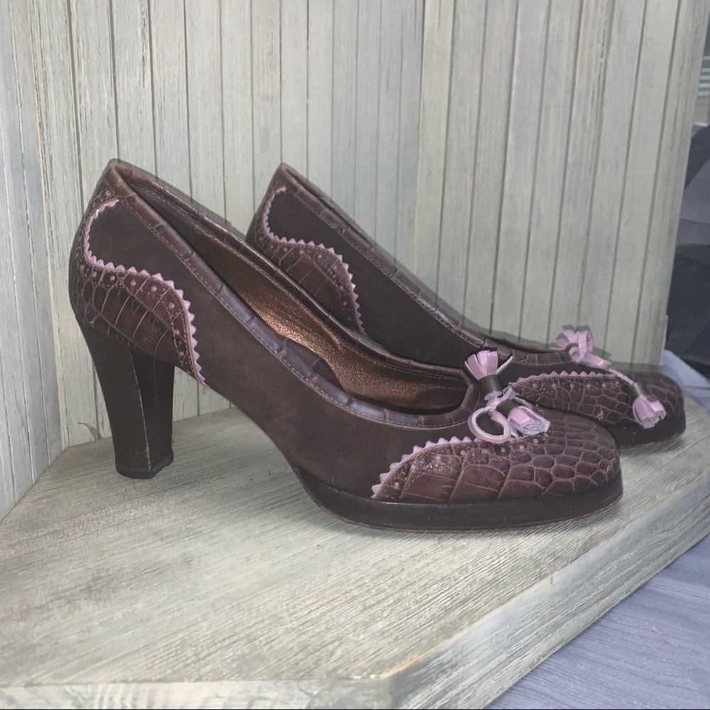 Taryn Rose Broen & Purple Leather & Suede Round Toe Heels 38.5